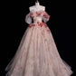 Pink Off Shoulder A-Line Floral Tulle Long Prom Dress Wedding Dress , MD7950