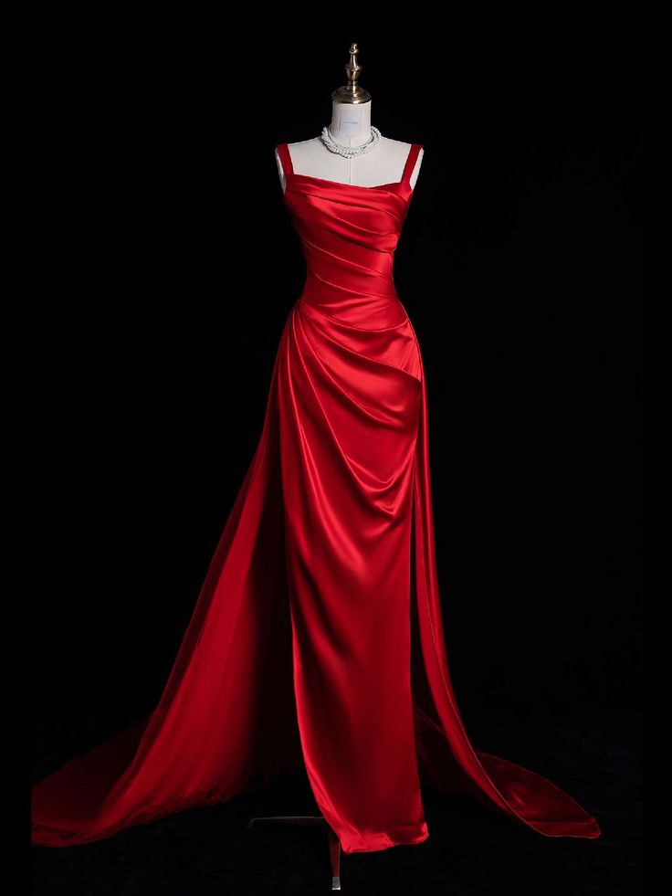 Charming Red Straps Sheath Satin Long Evening Party Dress, MD7951