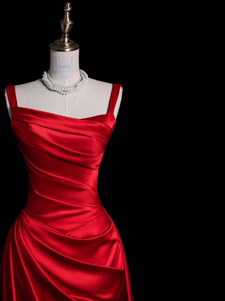 Charming Red Straps Sheath Satin Long Evening Party Dress, MD7951