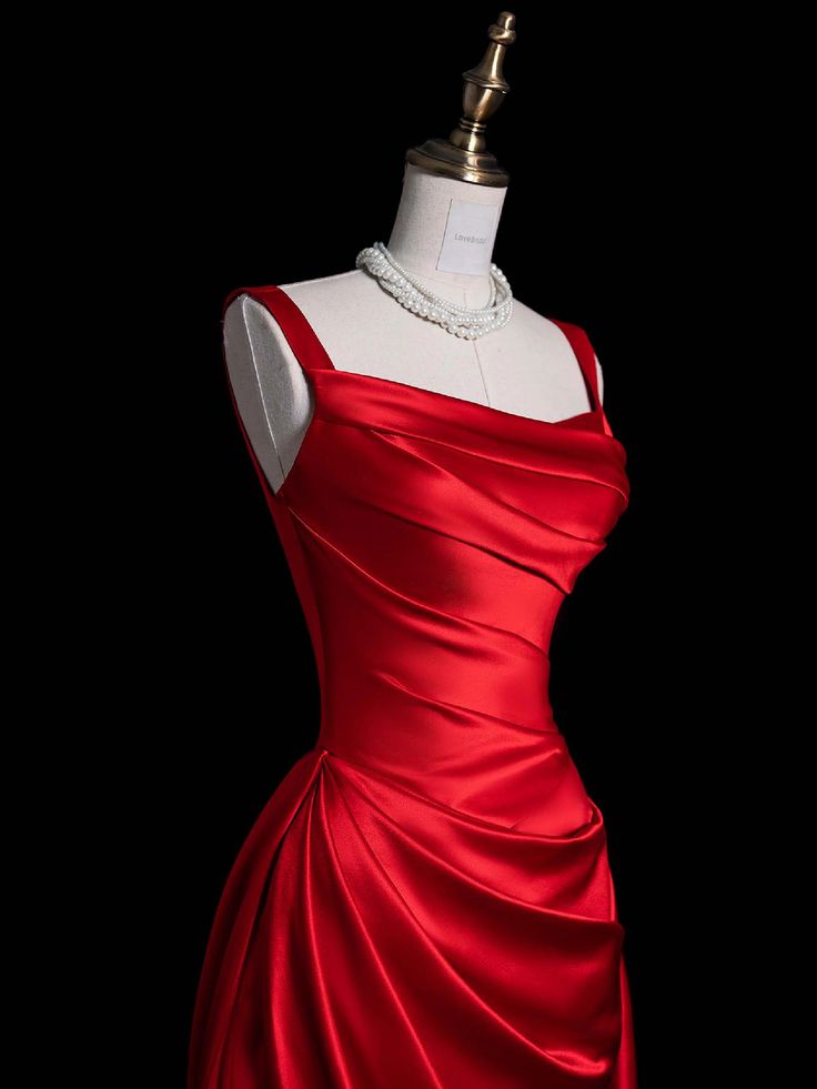 Charming Red Straps Sheath Satin Long Evening Party Dress, MD7951