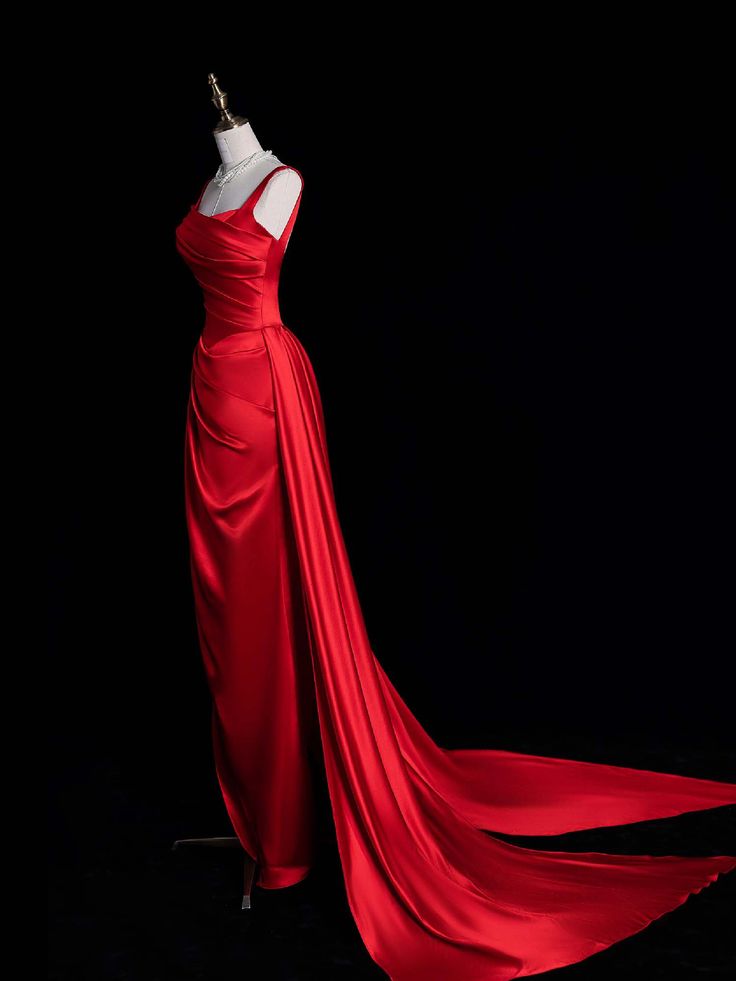 Charming Red Straps Sheath Satin Long Evening Party Dress, MD7951