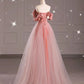 Pink Off Shoulder Tulle A-Line Long Formal Prom Dress, MD7954