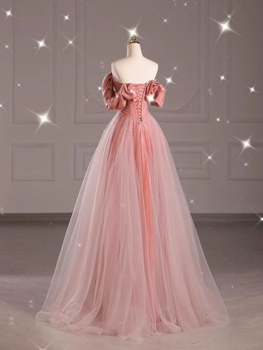 Pink Off Shoulder Tulle A-Line Long Formal Prom Dress, MD7954