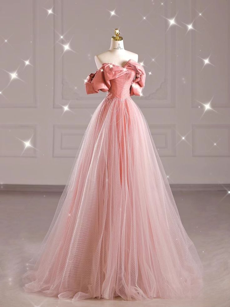 Pink Off Shoulder Tulle A-Line Long Formal Prom Dress, MD7954