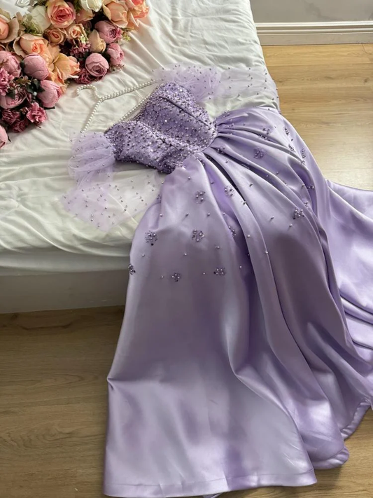 Lilac A-Line Satin Beading Long Formal Prom Dress with Long Sleeves, MD7957