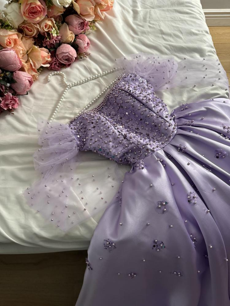 Lilac A-Line Satin Beading Long Formal Prom Dress with Long Sleeves, MD7957