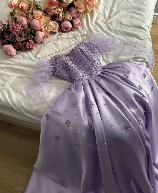 Lilac A-Line Satin Beading Long Formal Prom Dress with Long Sleeves, MD7957