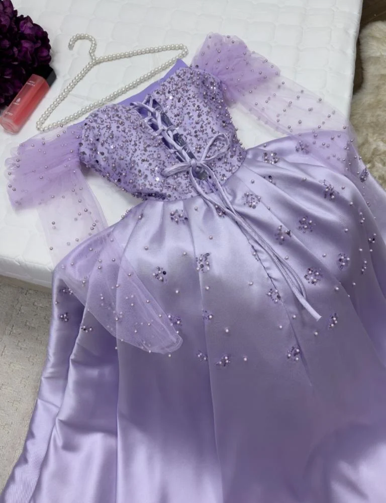 Lilac A-Line Satin Beading Long Formal Prom Dress with Long Sleeves, MD7957