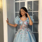 Blue A-Line Chiffon Appliques Princess Long Party Dress, MD7958