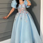 Blue A-Line Chiffon Appliques Princess Long Party Dress, MD7958