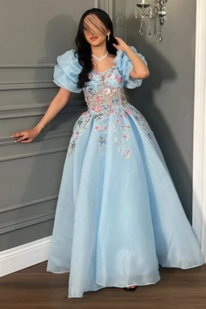 Blue A-Line Chiffon Appliques Princess Long Party Dress, MD7958