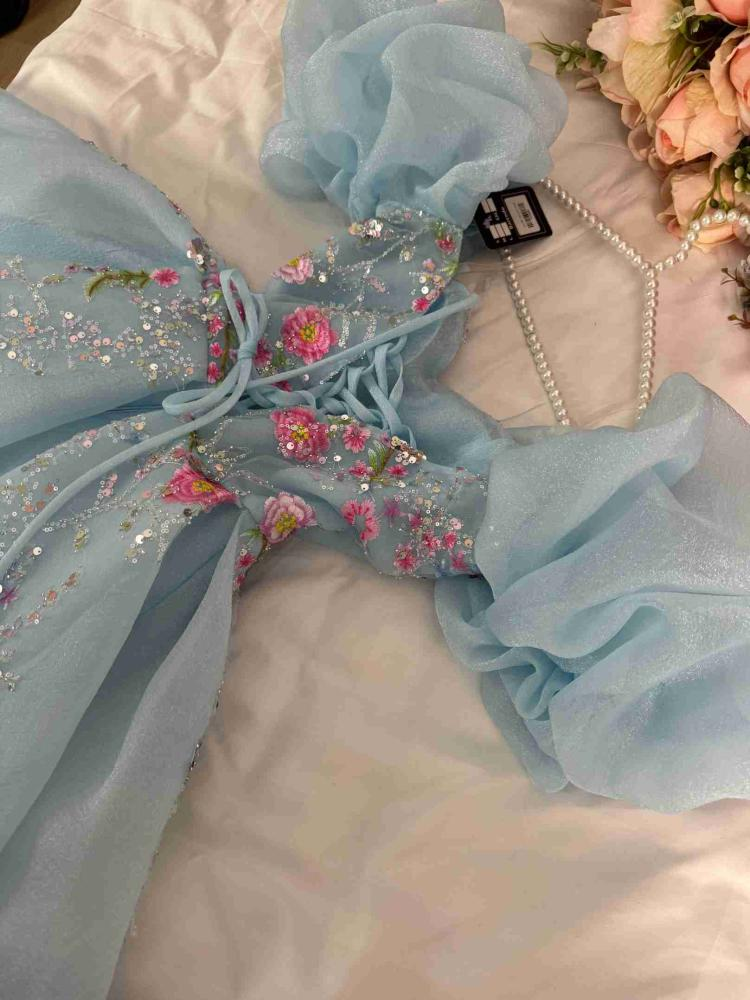 Blue A-Line Chiffon Appliques Princess Long Party Dress, MD7958