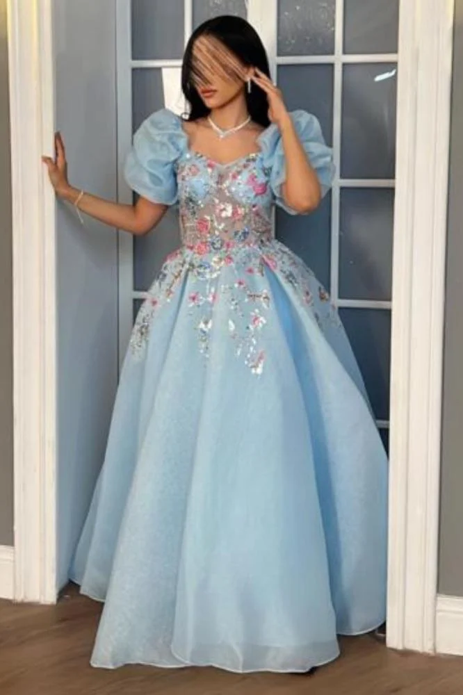 Blue A-Line Chiffon Appliques Princess Long Party Dress, MD7958