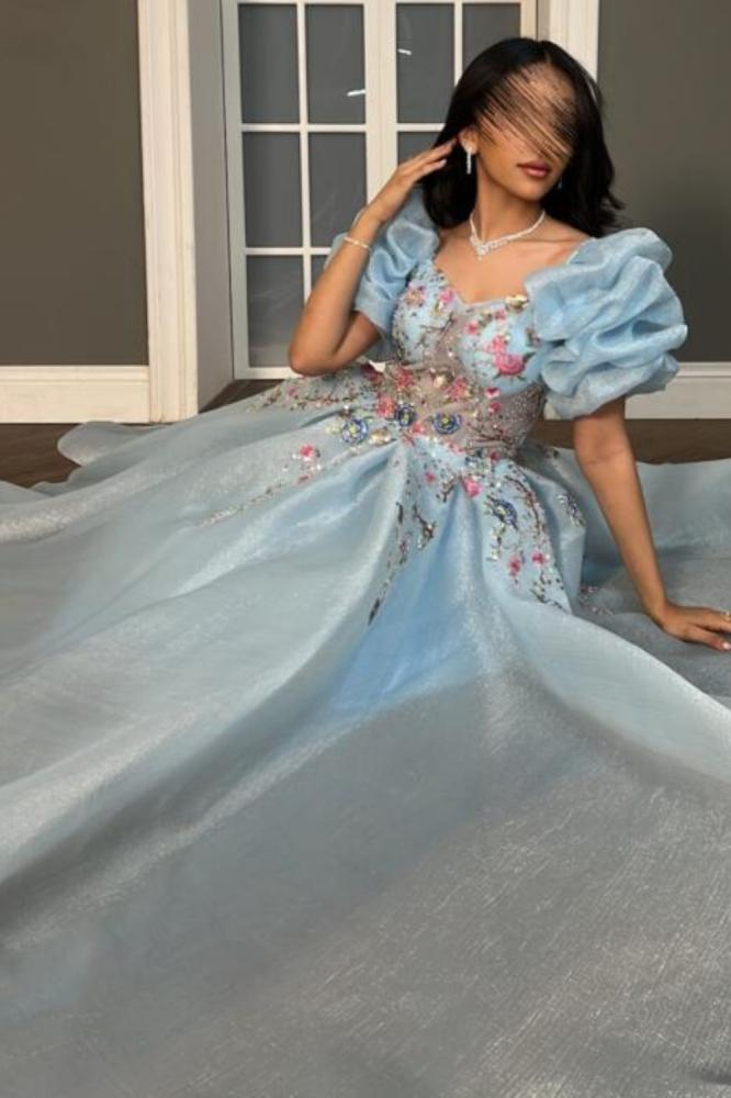 Blue A-Line Chiffon Appliques Princess Long Party Dress, MD7958