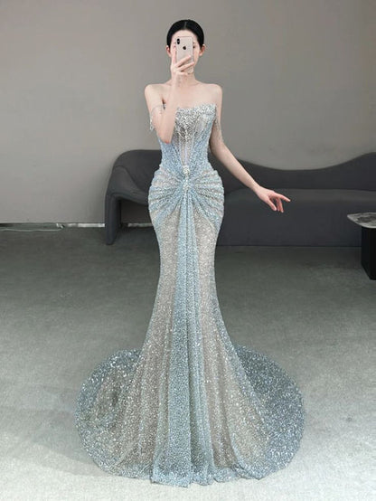 Stunning Off Shoulder Mermaid Beading Long Party Dress Evening Gown, MD7965