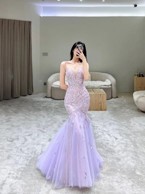 Lilac Straps Mermaid Tulle Long Party Dress Evening Gown, MD7966