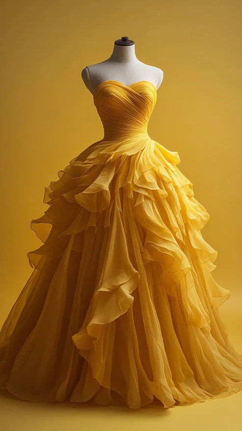 Yellow A-Line Sweetheart Neck Long Prom Dress Evening Gown, MD7970