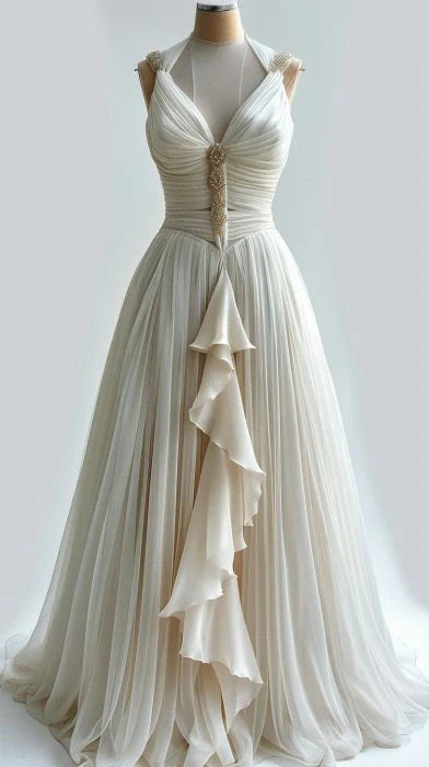 Elegant Straps V Neck A-Line Beading Retro Wedding Dress, MD7971