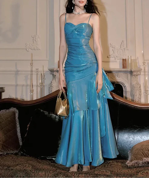 Blue Spaghetti Straps A-Line Chiffon Long Party Dress, MD7976