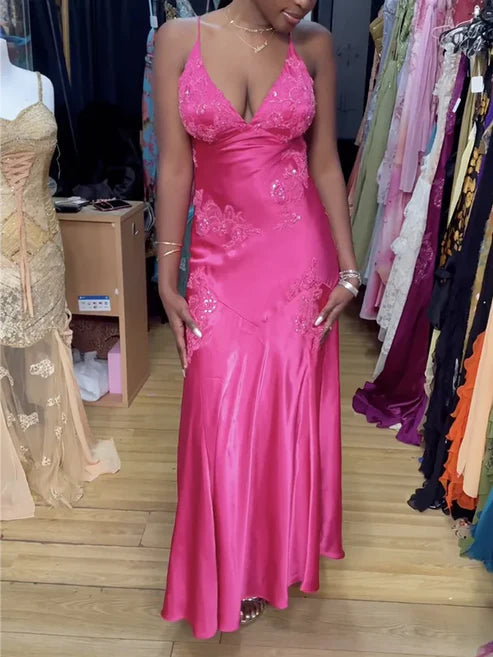 Hot Pink V Neck Backless Sheath Satin Long Prom Dress, MD7978