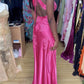 Hot Pink V Neck Backless Sheath Satin Long Prom Dress, MD7978