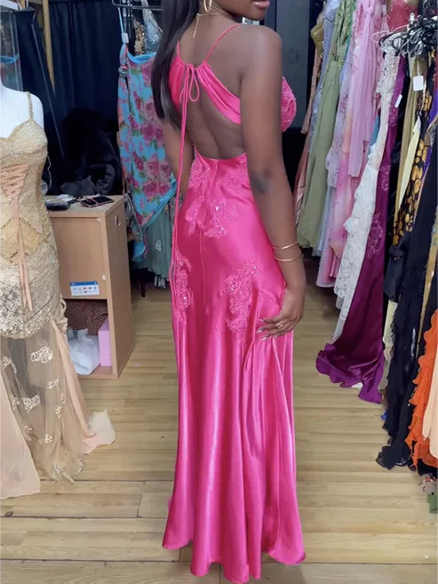 Hot Pink V Neck Backless Sheath Satin Long Prom Dress, MD7978