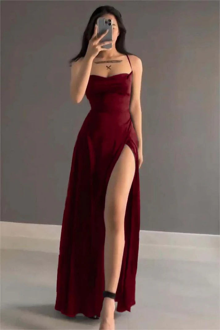 Burgundy A-Line Slit Prom Dress Satin Formal Party Dress, MD7984