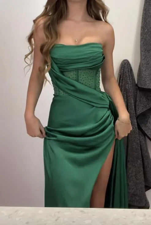 Green Strapless Sheath Satin Split Long Prom Dress, MD7992