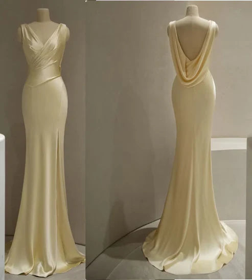 Pastel Yellow Satin Backless Mermaid Long Prom Dress, MD7993