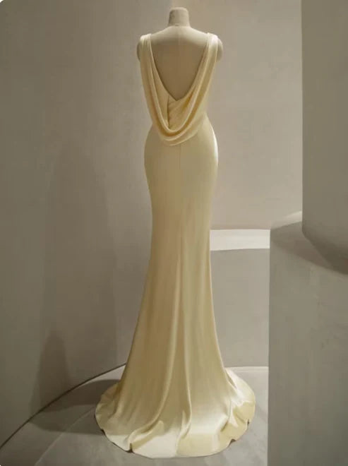 Pastel Yellow Satin Backless Mermaid Long Prom Dress, MD7993