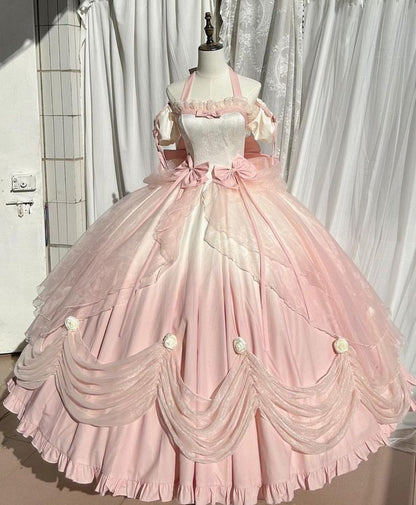 Pink Off Shoulder Halter A-Line Sweet 16 Ball Gown Quinceanera Dress, MD7994