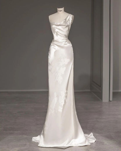 One Shoulder Backless Mermaid Satin Elegant Wedding Dress, MD7998