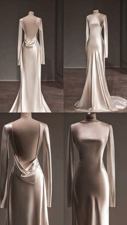 Ivory Long Sleeves Backless Sheath Satin Elegant Wedding Dress, MD7999