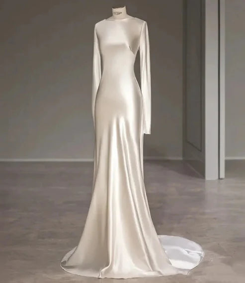 Ivory Long Sleeves Backless Sheath Satin Elegant Wedding Dress, MD7999