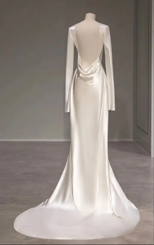 Ivory Long Sleeves Backless Sheath Satin Elegant Wedding Dress, MD7999