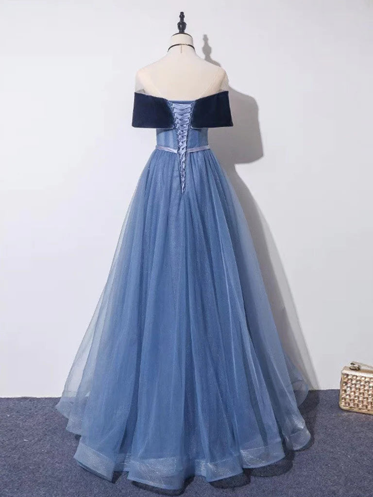 A-Line Off Shoulder Tulle Gray Blue Long Prom Dress, Blue Formal Dress  MD7167
