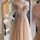 A-Line Lace Champagne Long Prom Dress, Champagne Lace Long Formal Dress MD7170