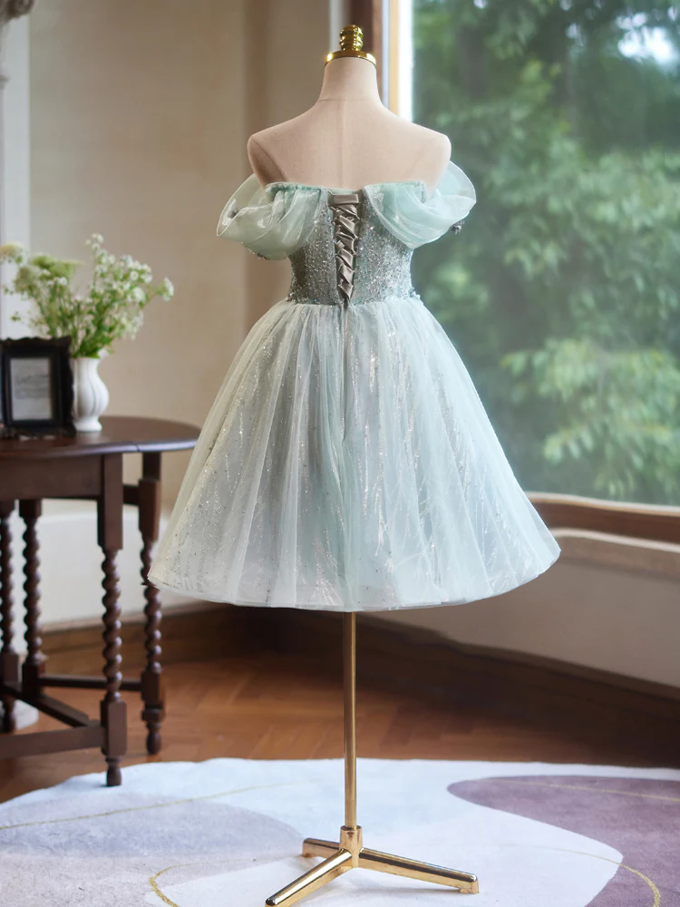 A-Line Off Shoulder Tulle Short Prom Dress, Green Homecoming Dress  MD7232