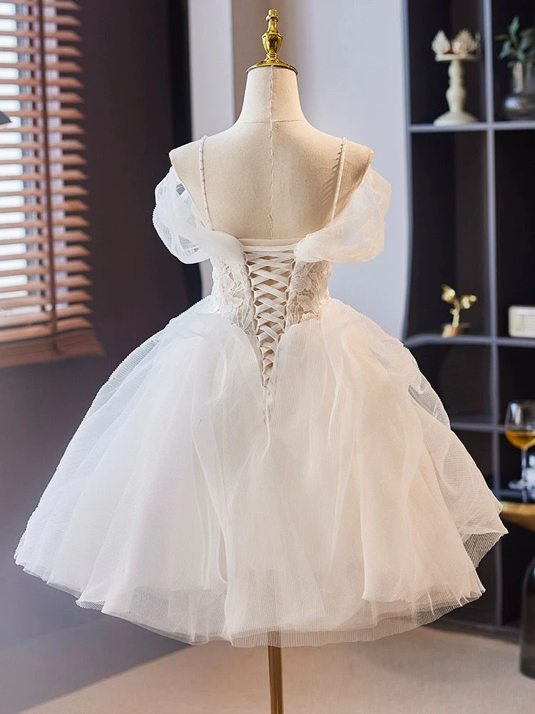 Off Shoulder Sweetheart Homecoming Dress Tulle Lace White Short Prom Dress  MD7230