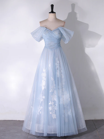 A-Line Off Shoulder Tulle Lace Blue Long Prom Dress, Blue Long Formal Dress  MD7231