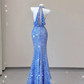 Blue V Neck Halter Sequins Sheath Long Party Dress Birthday Outfits MD7376