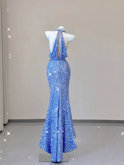 Blue V Neck Halter Sequins Sheath Long Party Dress Birthday Outfits MD7376