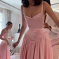 Elegant Pink Straps A-Line Satin Long Party Dress Bridesmaid Dress, D538