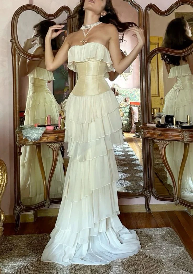 Elegant Ivory Strapless Tiered Mermaid Long Party Dress Birthday Gown MD7691