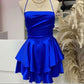 Royal Blue Straps A-Line Satin Simple Homecoming Dress Mini Birthday Outfits, D162