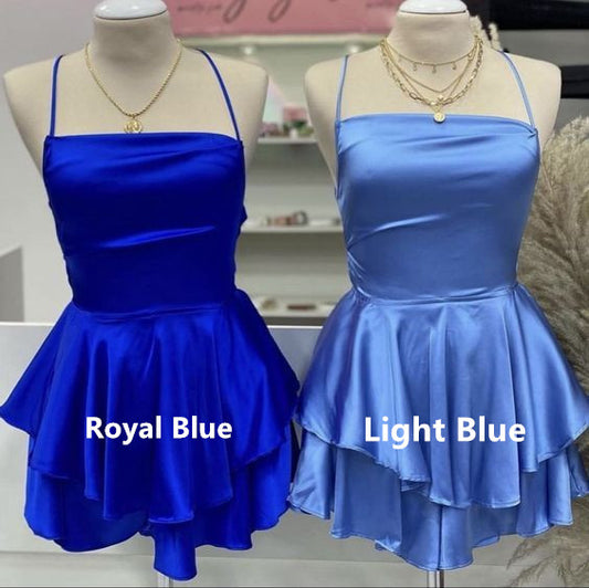 Royal Blue Straps A-Line Satin Simple Homecoming Dress Mini Birthday Outfits, D162