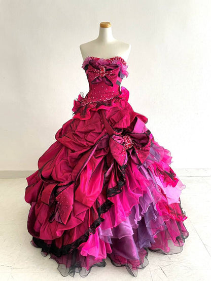 Hot Pink Strapless A-Line Satin Tulle Evening Ball Gown Birthday Gown, D193