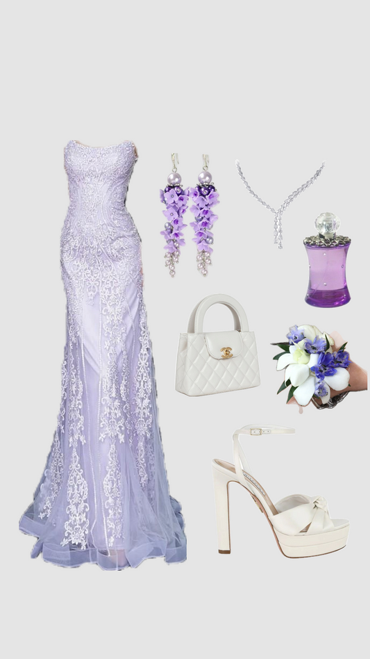 Lilac Strapless Appliques Tulle Mermaid Long Formal Prom Dress, D196