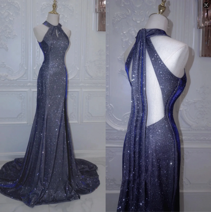 Shiny Navy Halter Backless Mermaid Satin Long Formal Prom Dress, D197