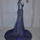 Shiny Navy Halter Backless Mermaid Satin Long Formal Prom Dress, D197